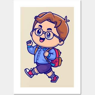 Cute Boy Going To School Cartoon Posters and Art